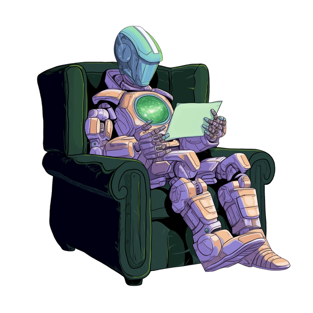 A robot sitting in a cozy chair reading his favourite blog post.