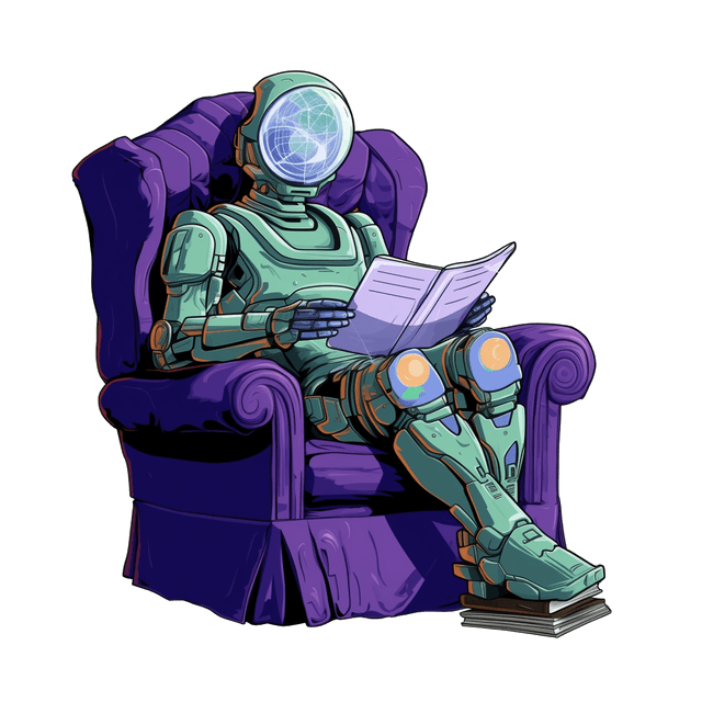 A lime-paste-green humanoid is sitting in an dark-purple armchair reading a two page list in a very calm manner.
